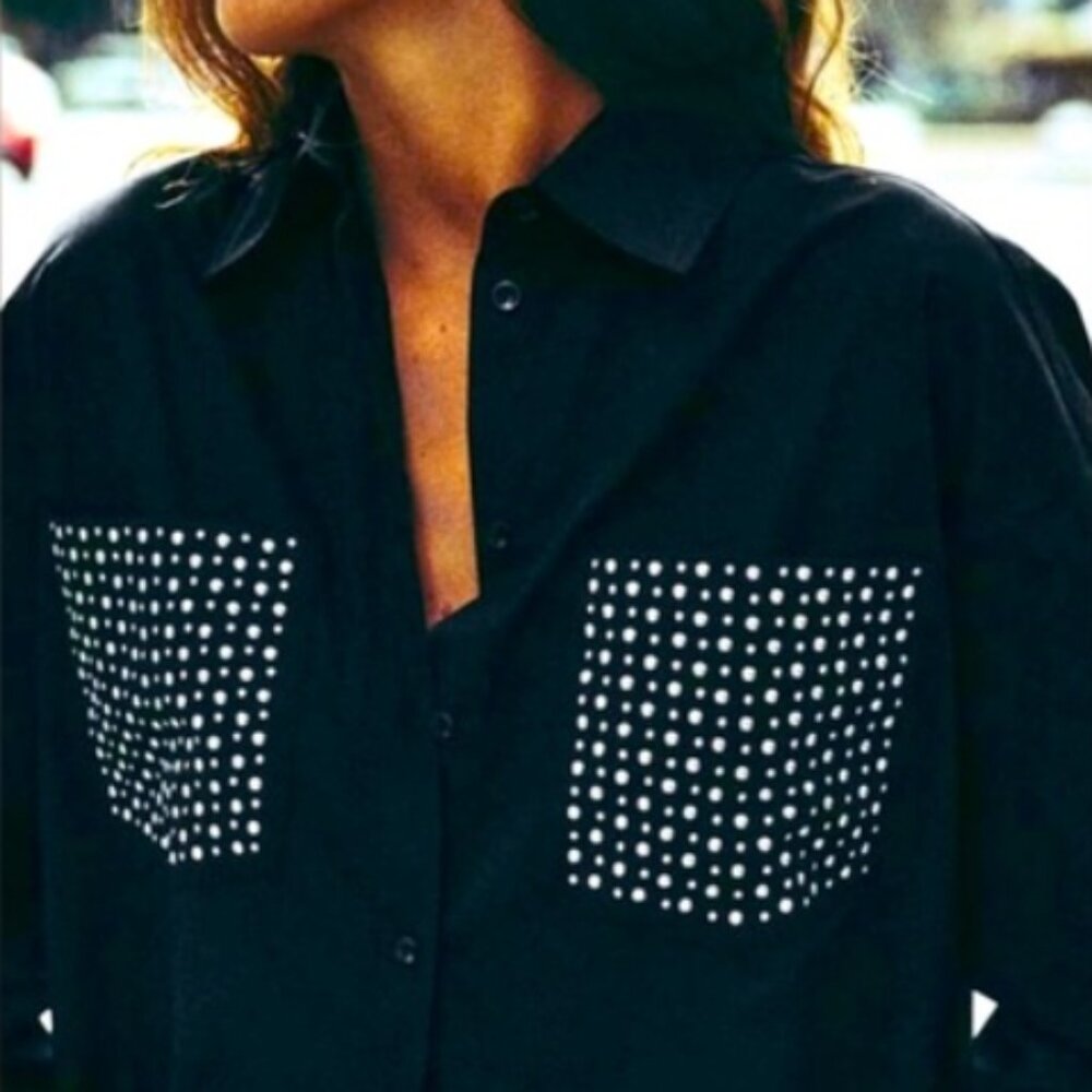 ZARA Black Oversized Studded Button up Shirt Blouse Pockets Size XS